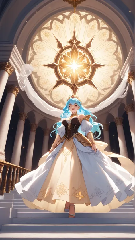 A majestic, celestial staircase extends into the heavens, enveloped by voluminous clouds in soft blues and warm golden hues. Thousands of figures, dressed in flowing white robes, ascend the steps towards a radiant divine being standing within a glowing arc...