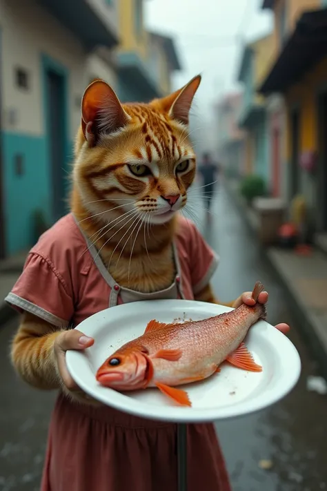 Create a hyper-realistic image of a cat with a white plate in his hand. She comes to the cart of a street fish seller, steals your fish, and runs away. Make the background of the photo a random, Ugly Favela