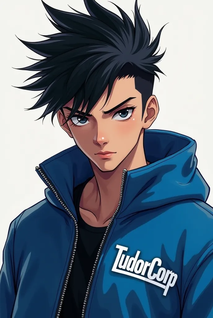 Make an image of a young man around 22 years old with spiky and messy 2D anime black hair wearing a blue jacket written TudorCorp small. with a serious look and black eyes. sexy c