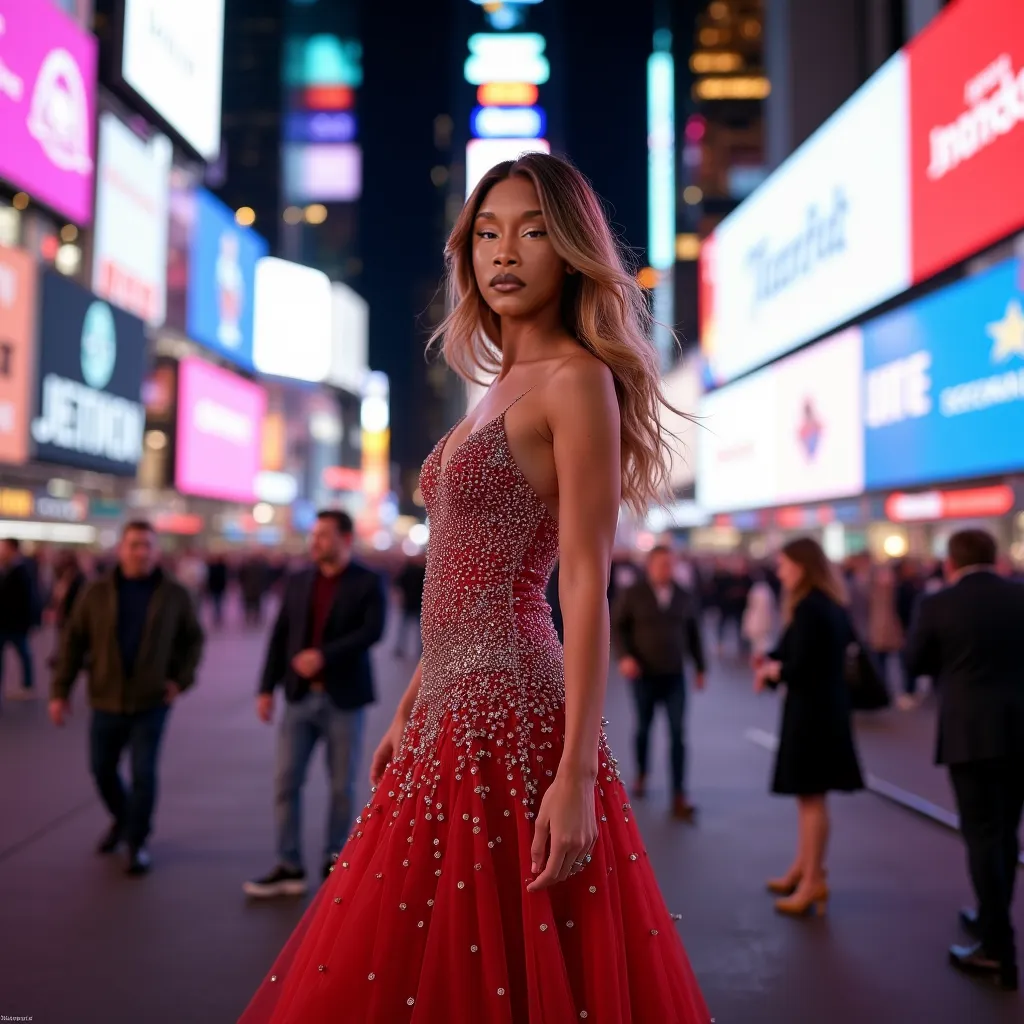 Instagram model, full body pose, athletic and curvy with medium flowing hair, 📍Setting: Standing amidst the bright lights of Times Square at night.
👗Attire: Floor-length designer gown with sparkling embellishments.