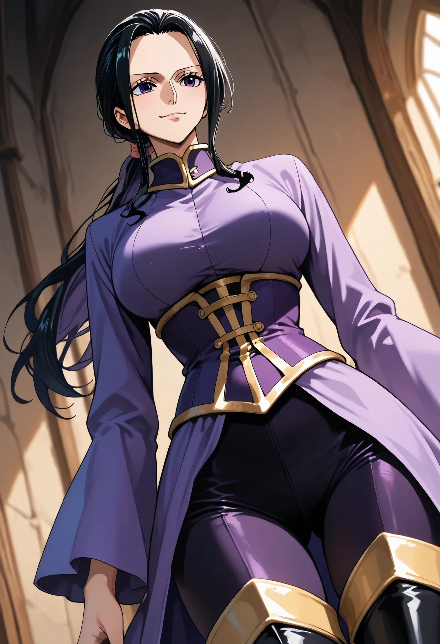 1 girl, ONLY one character, nico robin, nicogold,purple eyes, long hair, black hair, in a castle, medieval queen, medieval noble, black pants, black tight pants, black boots, thigh boots, black and purple coat, black and purple outfit with gold finishes, f...