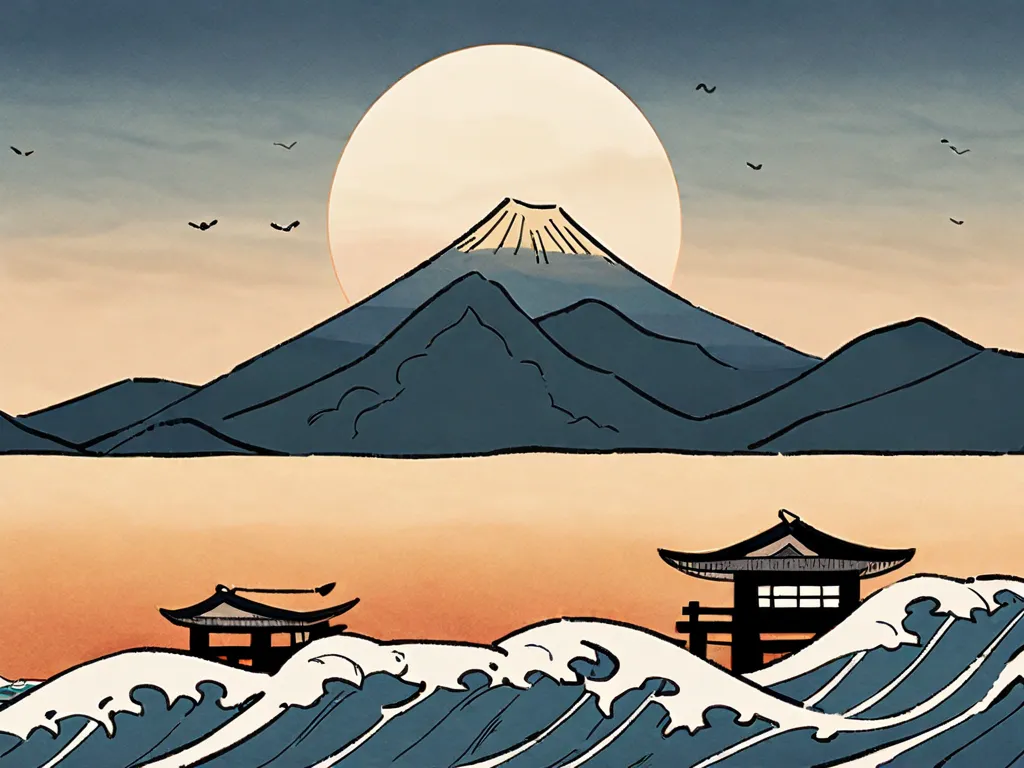 Land and sea depicted in the style of Ukiyo-e　 20 million pixel photo 