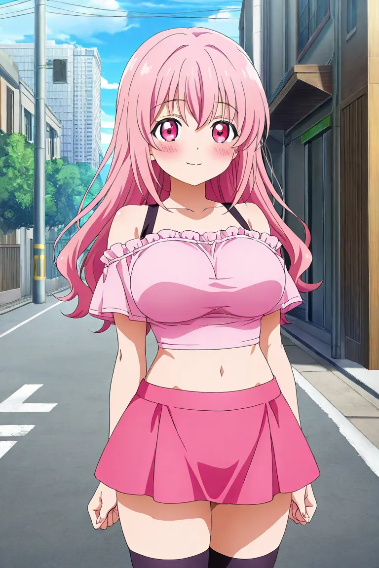 anime screencap, 1girl, solo, looking at viewer, cowboy shot, pink shirts, crop top, midriff, navel, off-shoulder shirts, pink miniskirt, thighhighs, pink hair, long hair,pink eyes, large breasts, light smile, blush, piece sign, street,