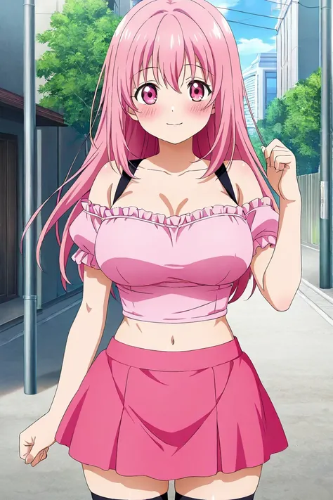 anime screencap, 1girl, solo, looking at viewer, cowboy shot, pink shirts, crop top, midriff, navel, off-shoulder shirts, pink miniskirt, thighhighs, pink hair, long hair,pink eyes, large breasts, light smile, blush, piece sign, street,