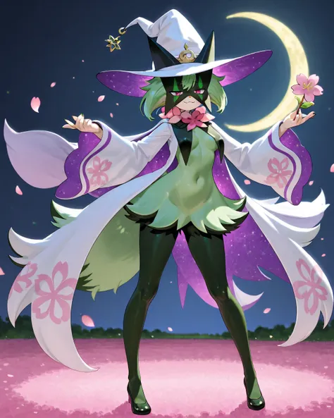 Pokémon Meowscarada with her wizard suit, doing magic tricks with a Braixen, background a field of cherry blossoms, Fourth waxing Moon, bloody 