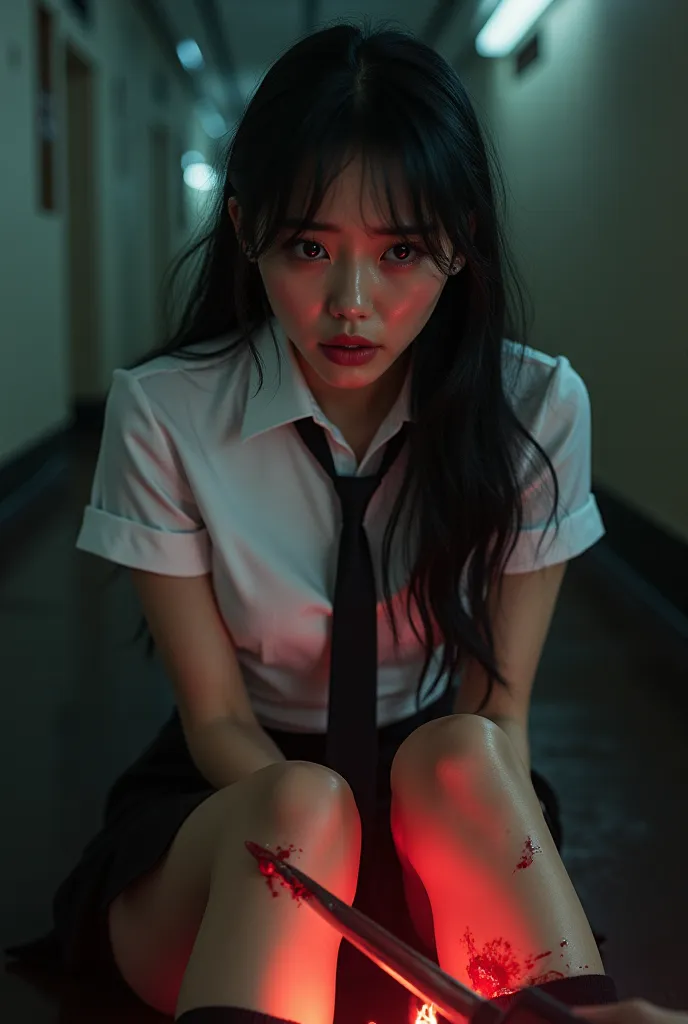 A beautiful Asian woman, nsfw, stewardess uniform with tie, micro miniskirt, long boots, suffering expression, crying, heavy bleeding from her thigh, ((with a cutter blade impaled in her thigh)), (a man is cutting her thigh with a cutter),(best quality,4k,...