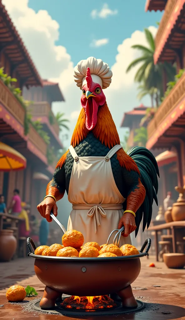 "A highly realistic rooster standing completely straight, upright like a human, in the middle of a lively Indian street. The rooster is dressed as a chef, wearing a crisp white apron and a traditional chef's hat. In front of him, a large clay stove with vi...