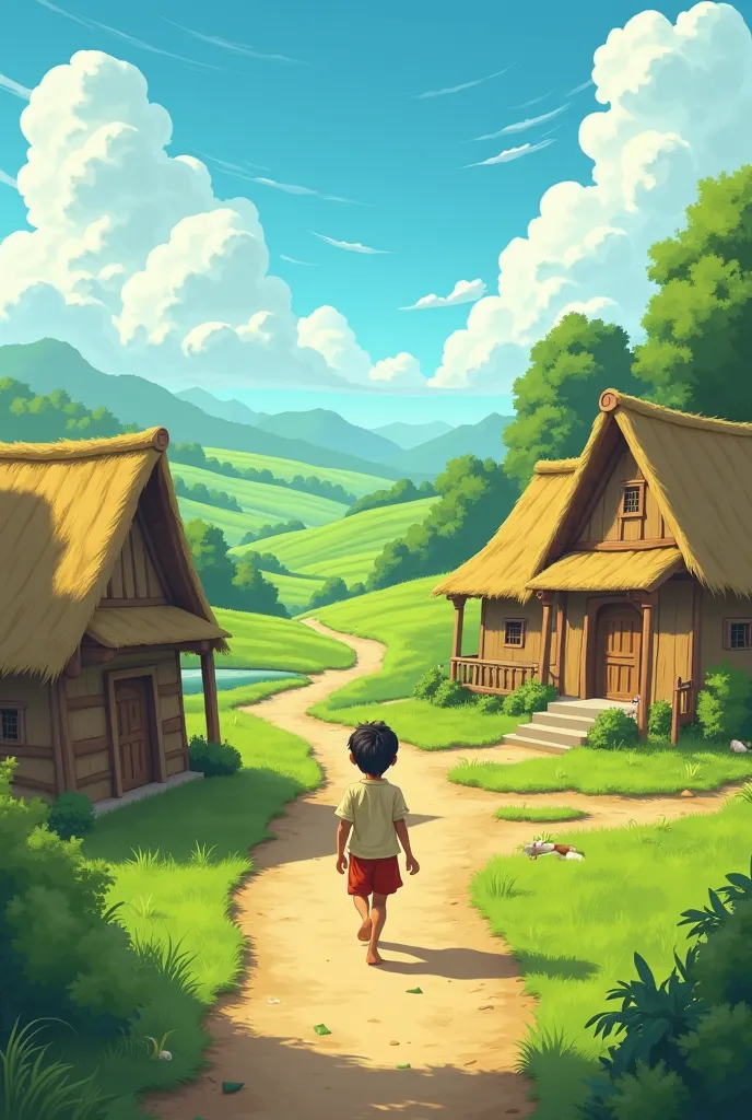 A small, rural village with simple huts and green fields. A boy named Arjun, around , wearing simple clothes, walking through the village with a hopeful look. The village should feel peaceful and humble."
