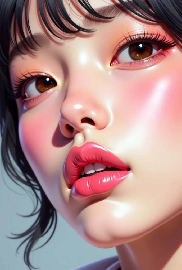 there is a close up of a woman's face with a pink lip, kawaii realistic portrait, glossy digital painting, realistic artstyle, realistic cute girl painting, realistic beautiful face, realistic art style, beautiful realistic face, realistic digital illustra...