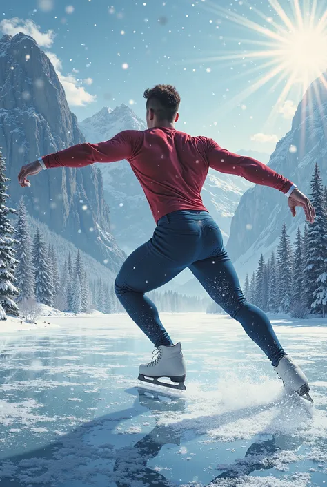 une affiche format paysage avec au centre un patineur sur glace très musclé 