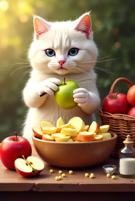 Stage 1: Preparing the Apples
🟢 Description: The cat is a fluffy white , without a chef’s hat, is standing upright at a rustic wooden table, peeling a bright green apple with a small knife, while its left paw steadies a wooden bowl filled with freshly slic...