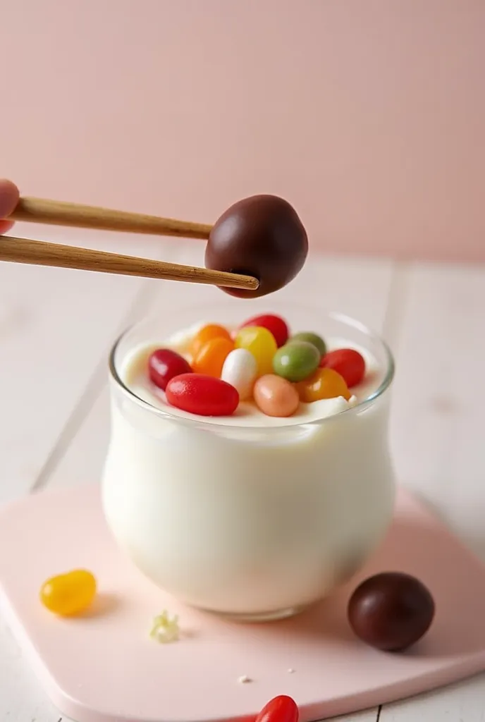 With Chatilly yogurt and on the top tips of the chopsticks add chocolate jelly beans 