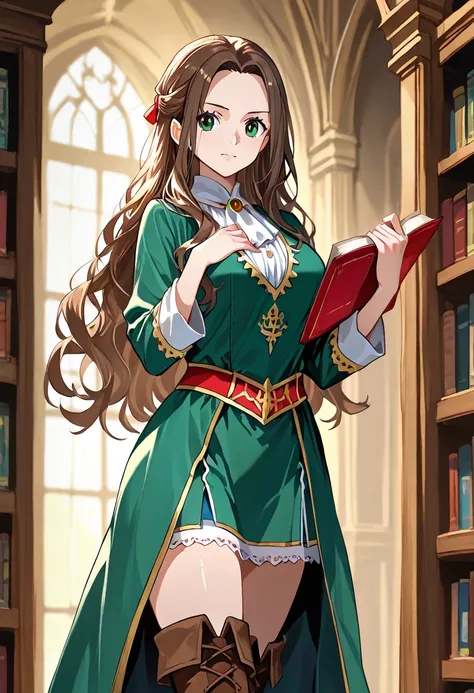 1 girl, ONLY one character, nefertari vivi, dark wavy brown hair, long hair, green eyes, in a library, medieval magician, medieval noble, brown boots, thigh boots, uniform, green outfit, fantasy adventurer outfit, elegant, confident, cowboy shot, perfect e...