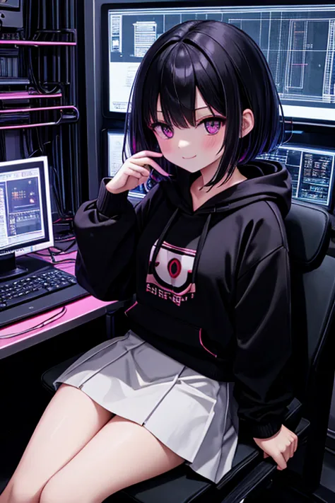 Highest quality,  very young girl, ,alone, code, Hacker Style,  watch computer ,  slightly red face ,、side view、 pale pink,light blue, cable,  vintage, cyberpunk, medium bust above infecti, big breasts, , red eyes, Eye Reflexes, length upper eyelashes, len...