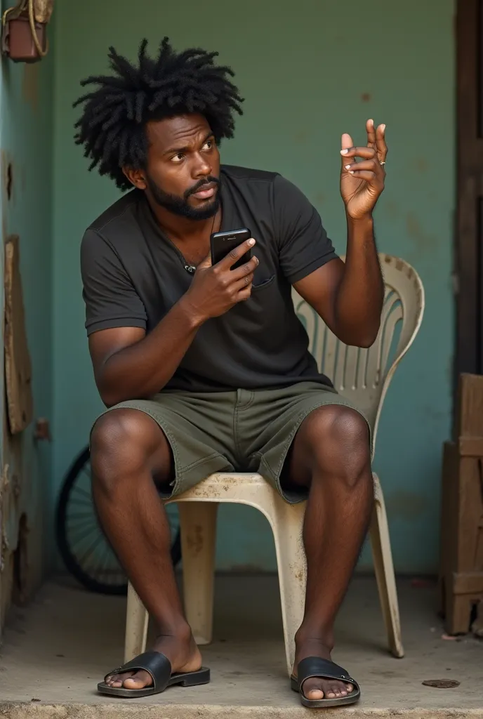 Curly haired dark-haired Bahian man sitting on a dirty white plastic chair with one hand holding cell phone and the other 
 Hand up up up high 