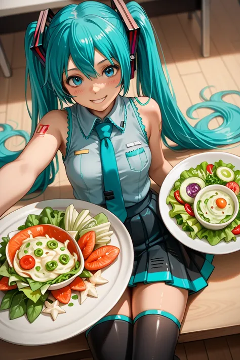 (best quality),(masterpiece),(8K detailed),(high resolution), Alone , woman ,  Hatsune Miku ,  turquoise hair  , twin tails from above , smile ,  create a perfect body line  , Hot body , red 01 tattoo on one upper arm ,  exact finger , Light effects ,  Hat...