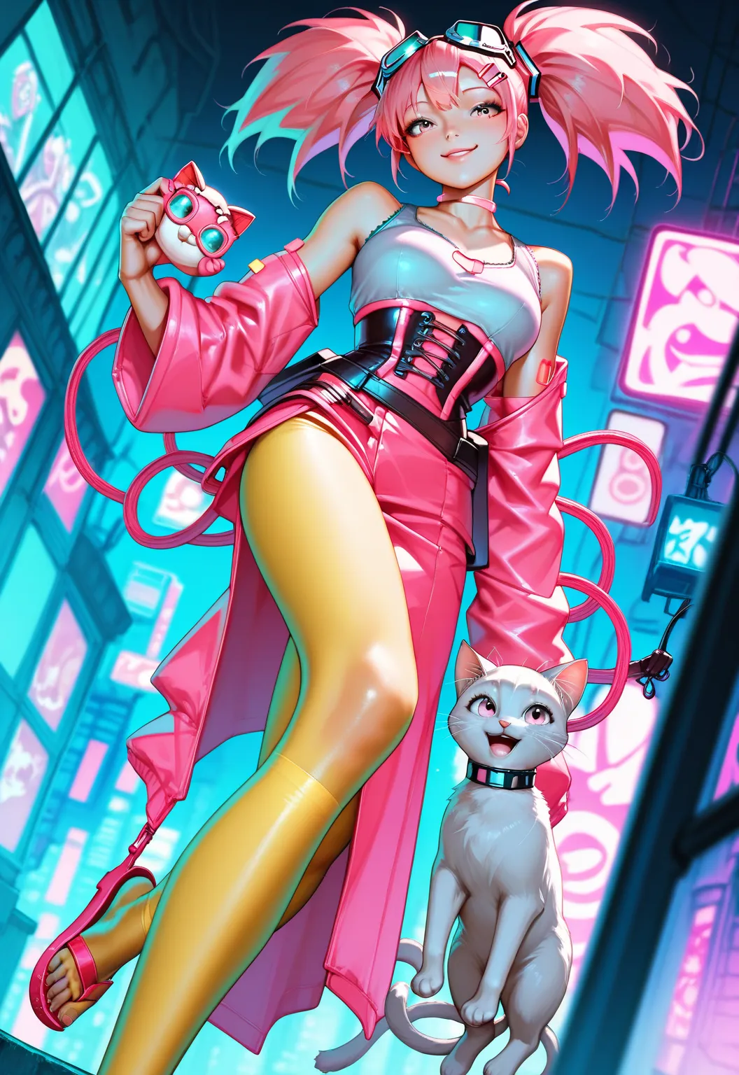   Hatsune Miku, ,long hair,twin tails from above , chest,  pink eye,  video viewers ,hip vent ,hair clips, bangs, Tying up hair ,  Sandals on the skin  , choker, big goggles on the head,kitten, Future Neon City,pink clothes ,dynamic pose,smile, Gold,kitten...