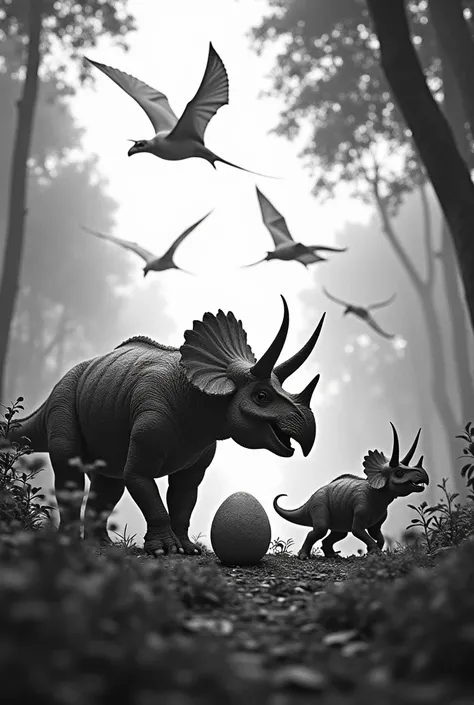 create images of A Triceratops family.

Baby dinosaurs hatching from eggs.

A group of Pterodactyls flying together. All these images in black and white fairs to color