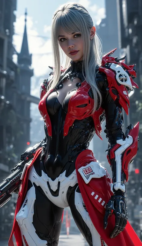 A hyper-realistic Polish woman in her early 20s, with a toned yet feminine build (bust 90 cm and underbust 98 cm), wearing a **sleek, high-tech combat suit in red and white, reflecting the colors of the Polish flag**. The suit has an **open front design**,...