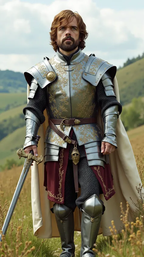 Peter Dinklage as a knight walking and carrying a short sword､dramatic atmosphere, 1 man､ He has piercing green eyes and shoulder-length chestnut-brown hair swept back, framing his strong jawline. 

He wears a finely crafted suit of polished silver armor w...