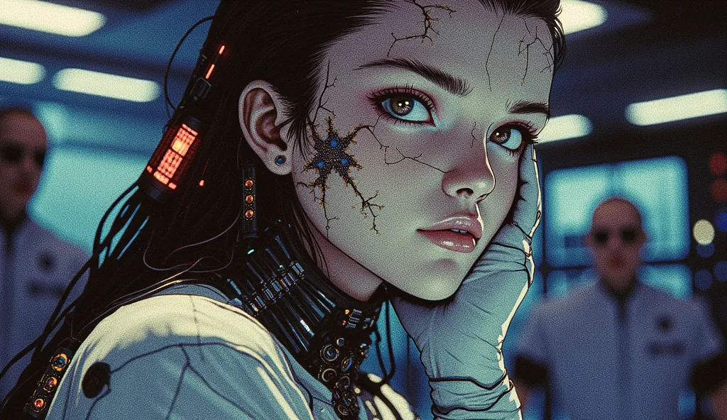 A retro anime cyberpunk girl sits in a dimly lit corporate lab, cold wires attached to her back, blending into her pale synthetic skin. Her emotionless eyes flicker with data streams, reflecting code from a large monitor behind her. Her body looks almost h...