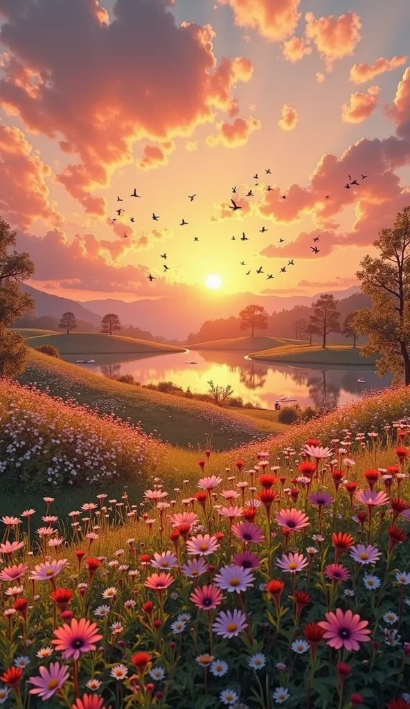 Super realistic image of little birds singing and flying near a tree at sunset