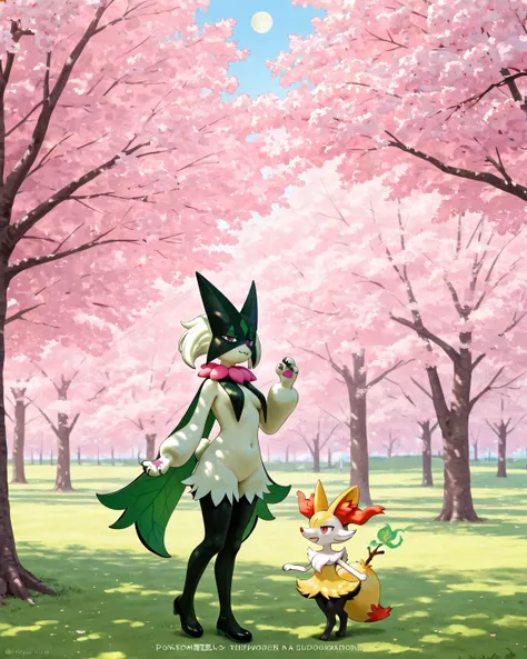 Pokémon Meowscarada with her wizard suit, doing magic tricks with a Braixen, back background a field of cherry blossoms, Fourth waxing Moon, bloody 