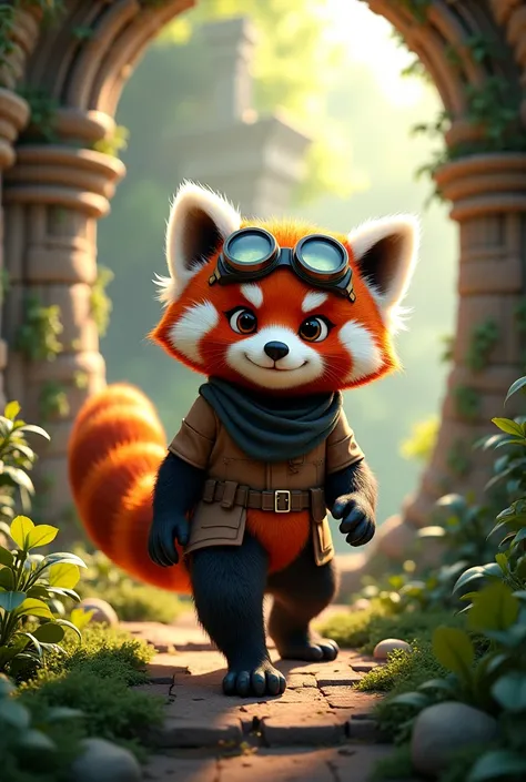 Ruko the red panda explorer, with goggle in his head, discovers an old map leading to a hidden chamber, inside the temple. He carefully steps over vines and avoids crumbling pathways.