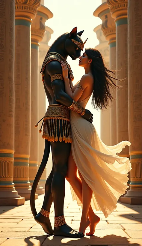 egyptian cat king with boots kissing a women dancer