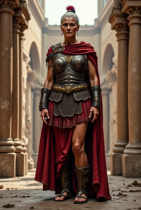 older strong woman as a Roman soldier in sandals 