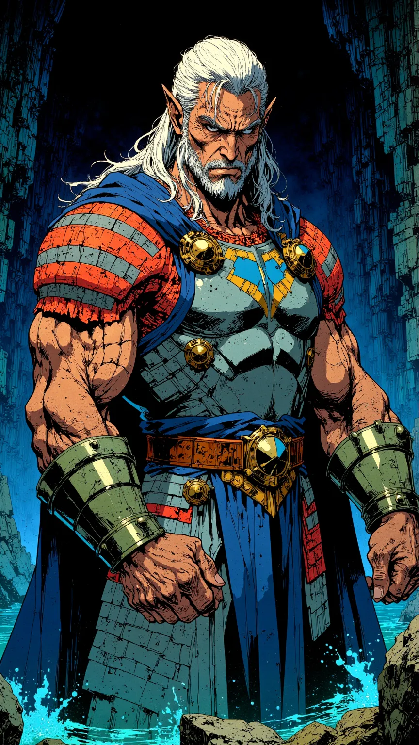  masterpiece, 8K cinematic comic style by Bernie Wrightson and Mike Mignola, An elf, With a sturdy body and arms marked by runes, Korvaan wears a gray-blue breastplate with reinforced coral shoulder pads. Your look, severe and charged with judgment, Impose...