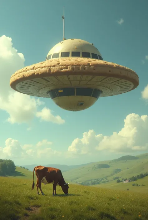 Flying saucer shaped like a cookie abduces a cow