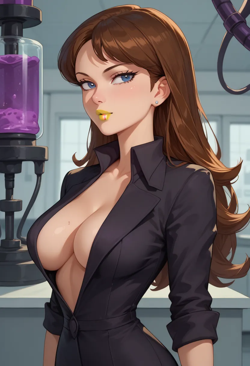 woman, very large breasts, anime style, yellow lipstick, dark brown hair, straight hair, side view, looking at viewer, blue eyes, wide hips, black clothing, open clothing, black suit, opening suit, showing breasts to viewer, showing breasts, technology lab...