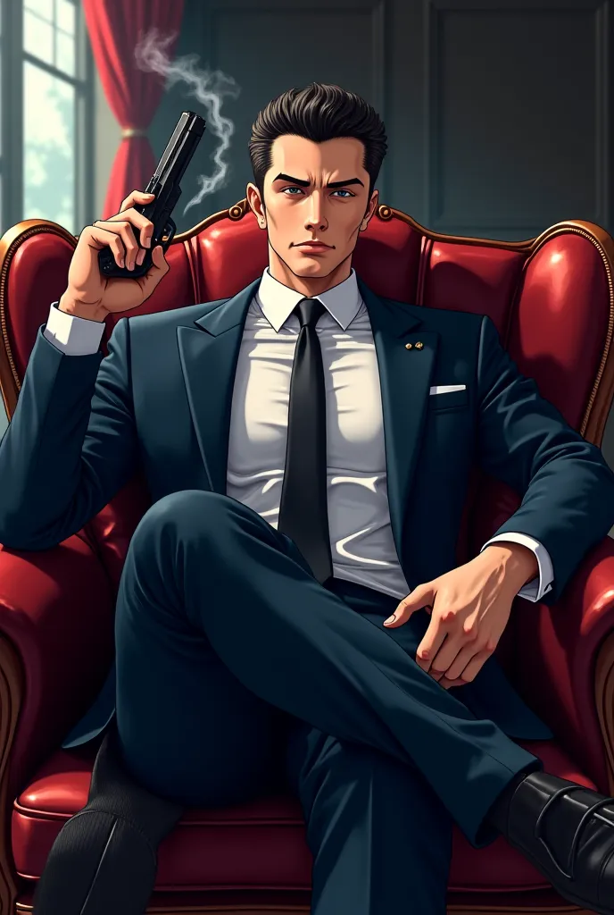 Anime mafia boss with a pistol on his hand sitting like a boss in a sofa without emotion.