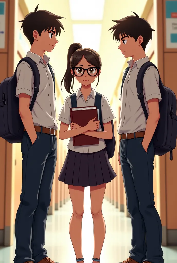 Nerdy highschool girl holding a book and bag and 2 hot young boy in uniform 