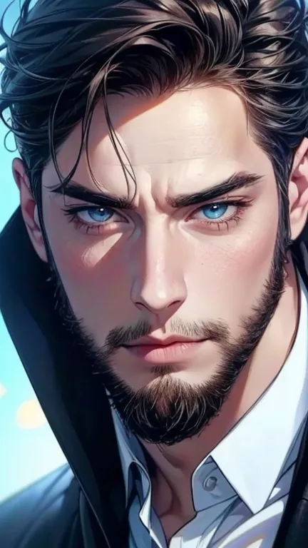 (  idiot,4K,8k,   highres,  masterpiece:1.2),  ultra-detailed,(Realistic,photoRealistic,photo-Realistic:1.37),36-year-old man,3 day beard,cute anime ,Portraits,strong,masculine,   dark hair,sharp jaw,      mesmerizing eyes      ,   perfectly combed hair,  ...