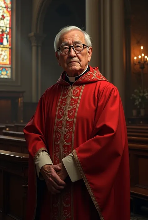 A priest with a red chasuble and who wears glasses