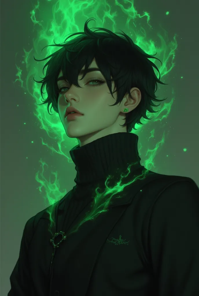 black_hair, 1boy, male_focus, solo, green_fire, closed_eyes, upper_body, sweater, black_sweater, closed_mouth, short_hair, hair_over_one_eye