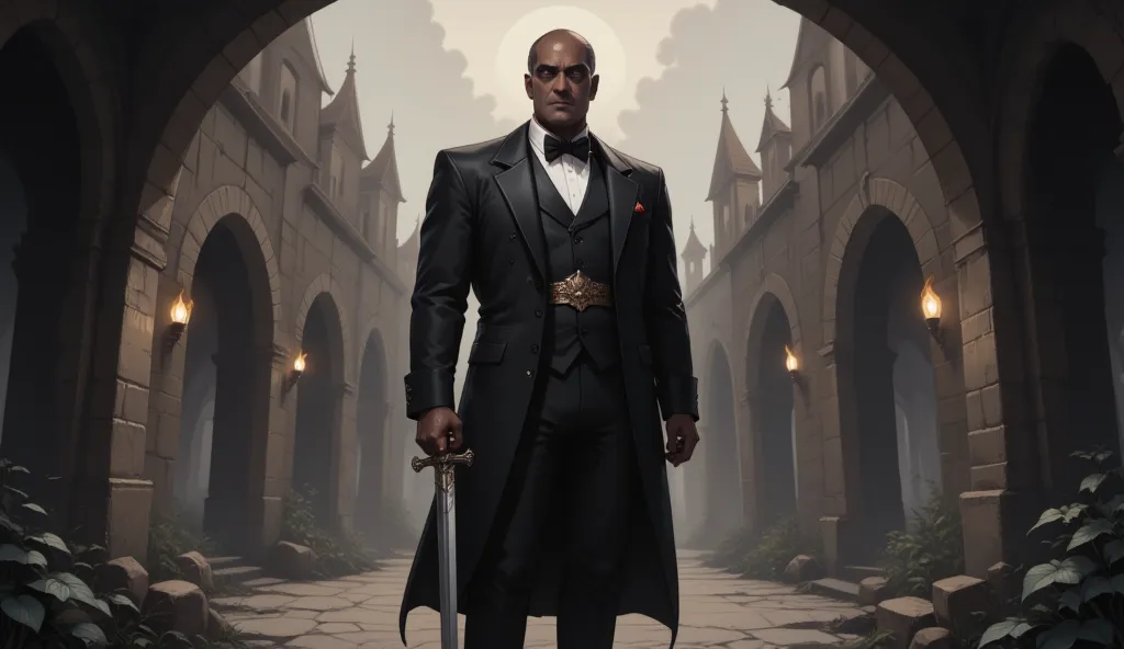 man in elegant black chalky suit with sword, mtg style