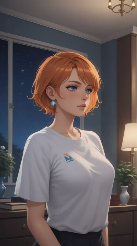 t-shirt, (masterpiece:1.2),  illustration, absurdres, (1 girl, Alone ), ( beautiful detailed girl ), ((upper body, retrato)),, MacMillan Neck, short hair, orange hair, blue eyes, medium breasts, blue crystal earrings,  white jacket, , Cold, calm, looking a...