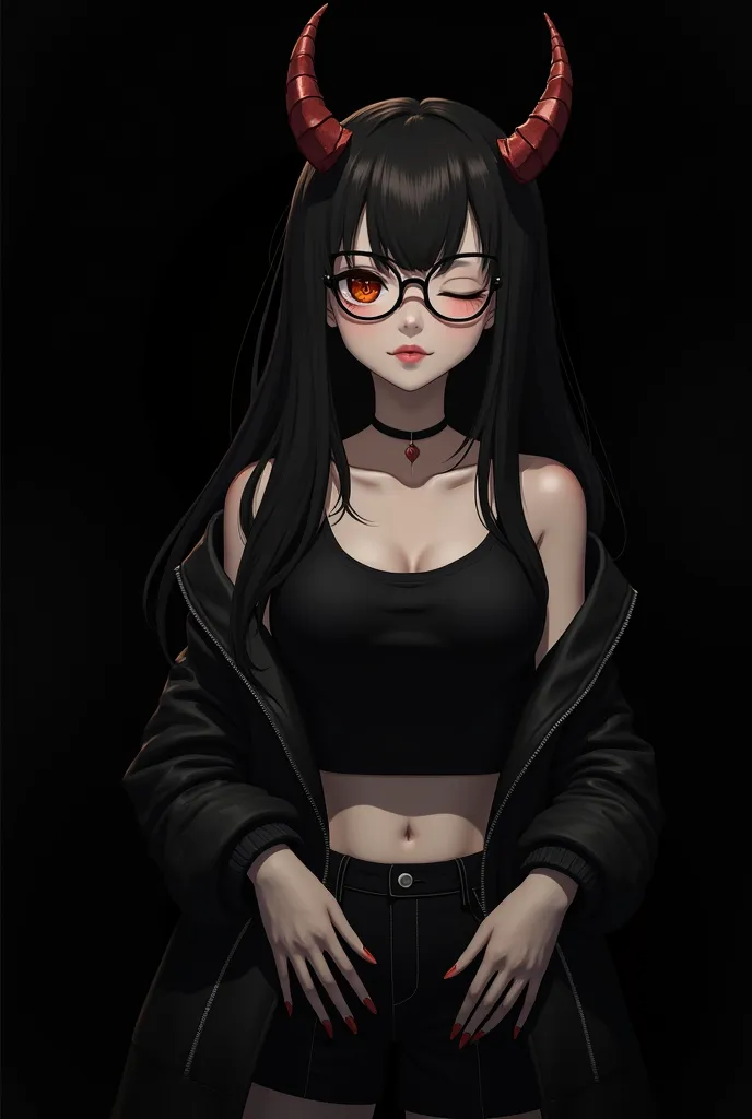 A girl that is 19 years old one of her eyes is demon orange eye the other eye is closed the girl also has a black long hair and she is wearing black tank top  and jacket a leather black one and also you can see a black backround she is also wearing glasses...