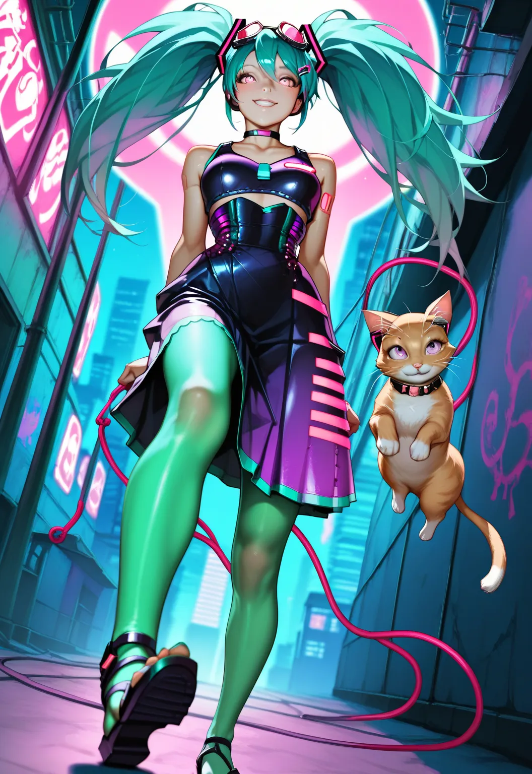   Hatsune Miku, ,long hair,twin tails from above , chest,  pink eye,  video viewers ,hip vent ,hair clips, bangs, Tying up hair ,  Sandals on the skin  , choker, big goggles on the head,kitten, Future Neon City,purple clothes ,dynamic pose,smile, Gold,kitt...