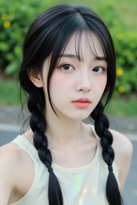 ((best quality)), ((masterpiece)), (ultra detailed), 1girl, Japanese, black hair styled in twin braids, straight bangs, large expressive eyes, soft blush on cheeks, wearing a pastel-colored sleeveless dress with a subtle iridescent glow, taking a selfie, s...