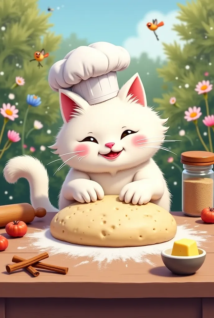 Stage 2: Making the Dough
🟢 Description: The cat is a fluffy white , now wearing a white chef’s hat, is using its paws to knead dough on a flour-dusted wooden board. Its tail sways as it concentrates on shaping the pastry.

🟢 Props & Details:

A rolling pi...