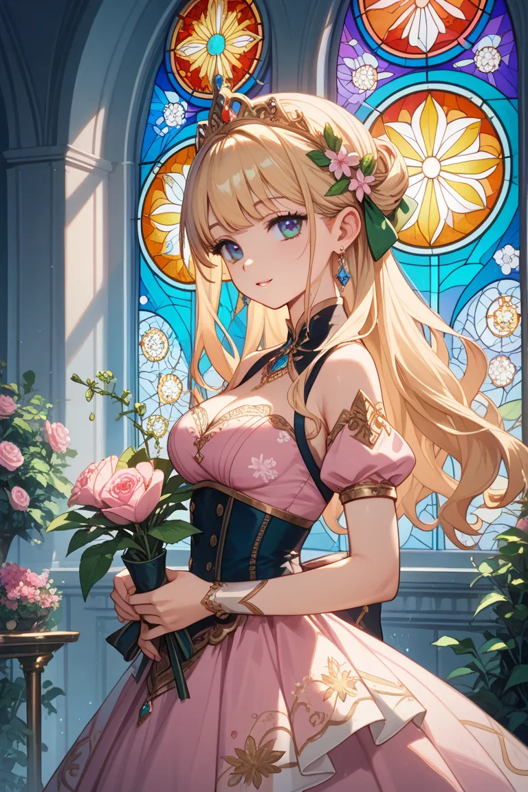 A beautiful stained glass artwork featuring a princess with long, flowing golden hair. She wears a regal purple and pink dress with intricate golden embroidery. The princess holds a delicate pink flower in her hand, surrounded by blooming flowers and green...