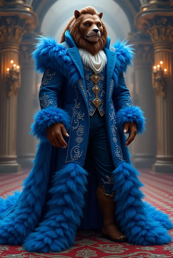 Create beast costume from Beauty and Beast with ruffles and rhinestones blue long coat 