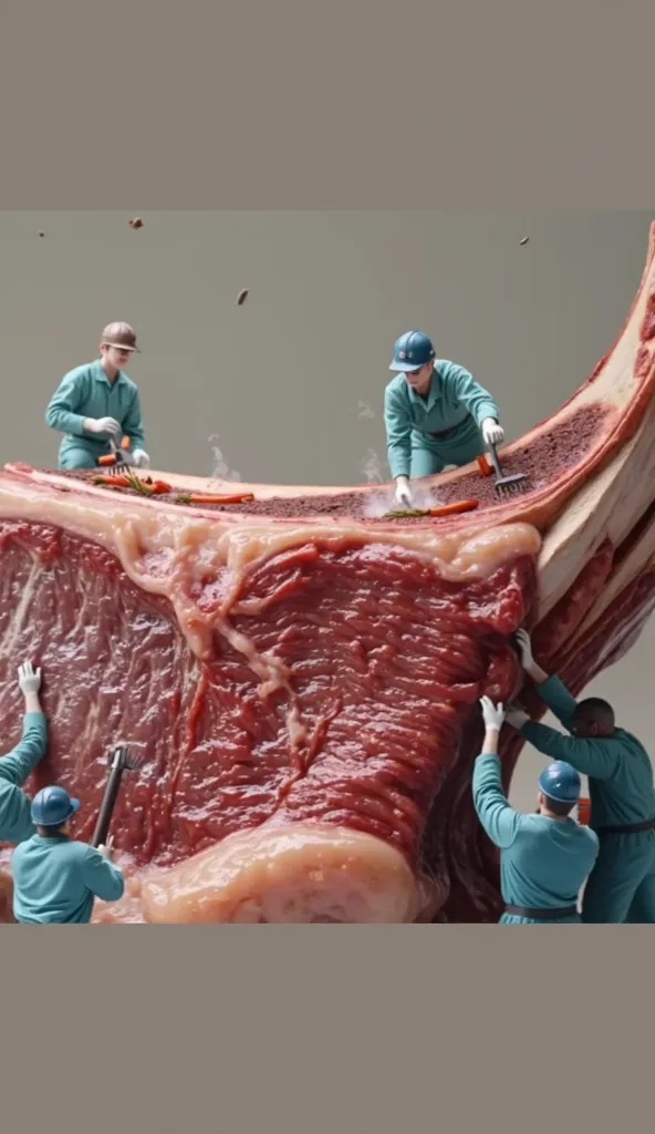 Create a highly detailed and realistic image of a large, juicy grilled steak resting on a wooden cutting board. On top of the steak, there are tiny construction workers dressed in bright orange safety vests and yellow helmets. They are using miniature tool...