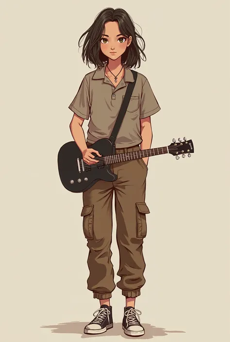 Monotonic background.
Tall girl. Shoulder length hair. Fair skin. Chinita and dreamy eyes. Wearing brown polo above white shirt and brown cargo pants and a pair of sneakers. Wearing a cross necklace. Carrying a guitar. Cool. Boyish.