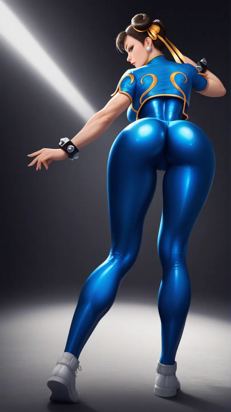 chun li ((StreetFigther Alpha costume), (tight blue leggins, latex leggins)), view full body, back view, tight butt, showing butt, spine down, forward hands