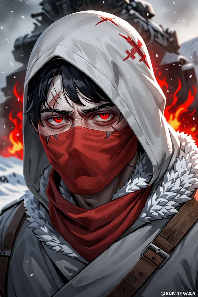 Create an image of Simon Hayha known as the White Death in the Winter War in World War 2,  black hair, White hood, blizzard, bandana on the face to hide your scar, left eye with a red color,  red aura, depressive

